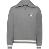 The Women's Vintage Tonga Heritage Prep Pullover by EMB Augusta is a gray quarter-zip with white cuff and hem stripes, featuring a dove with an olive branch and "1924" embroidered on the left chest.