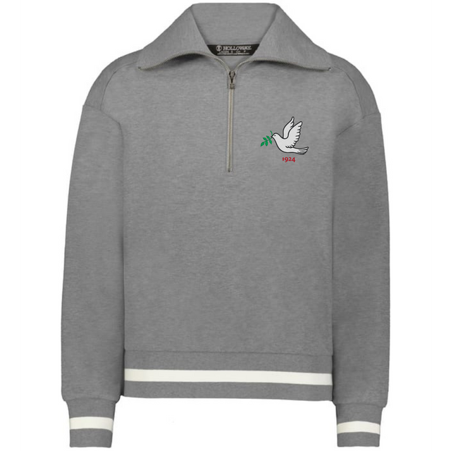 The Women's Vintage Tonga Heritage Prep Pullover by EMB Augusta is a gray quarter-zip with white cuff and hem stripes, featuring a dove with an olive branch and "1924" embroidered on the left chest.