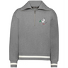 The Women's Vintage Tonga Heritage Prep Pullover by EMB Augusta is a gray quarter-zip with white cuff and hem stripes, featuring a dove with an olive branch and "1924" embroidered on the left chest.