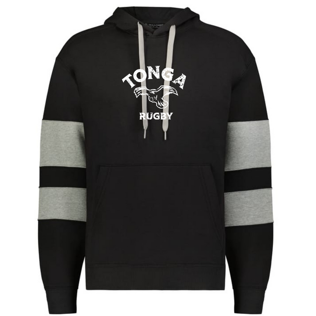 The WRS Augusta Nations of Rugby Tonga Jackson Way Hoodie is a black rugby hoodie with gray sleeve stripes, white drawstrings, and a bold “Tonga Rugby” logo plus a striking panther graphic on the chest.