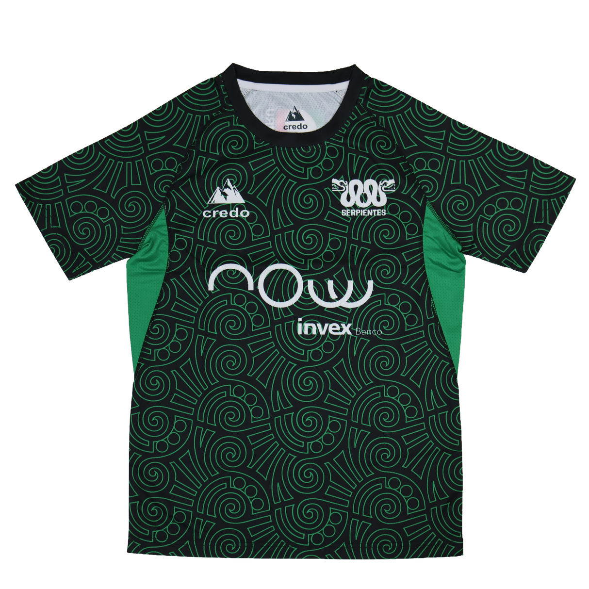 The Las Serpientes Mexico Rugby Training Jersey by Credo Rugby features green short sleeves, black geometric patterns, green side panels, and multiple white logos—including “Serpientes,” sponsors, and Credo Rugby branding—on the chest.
