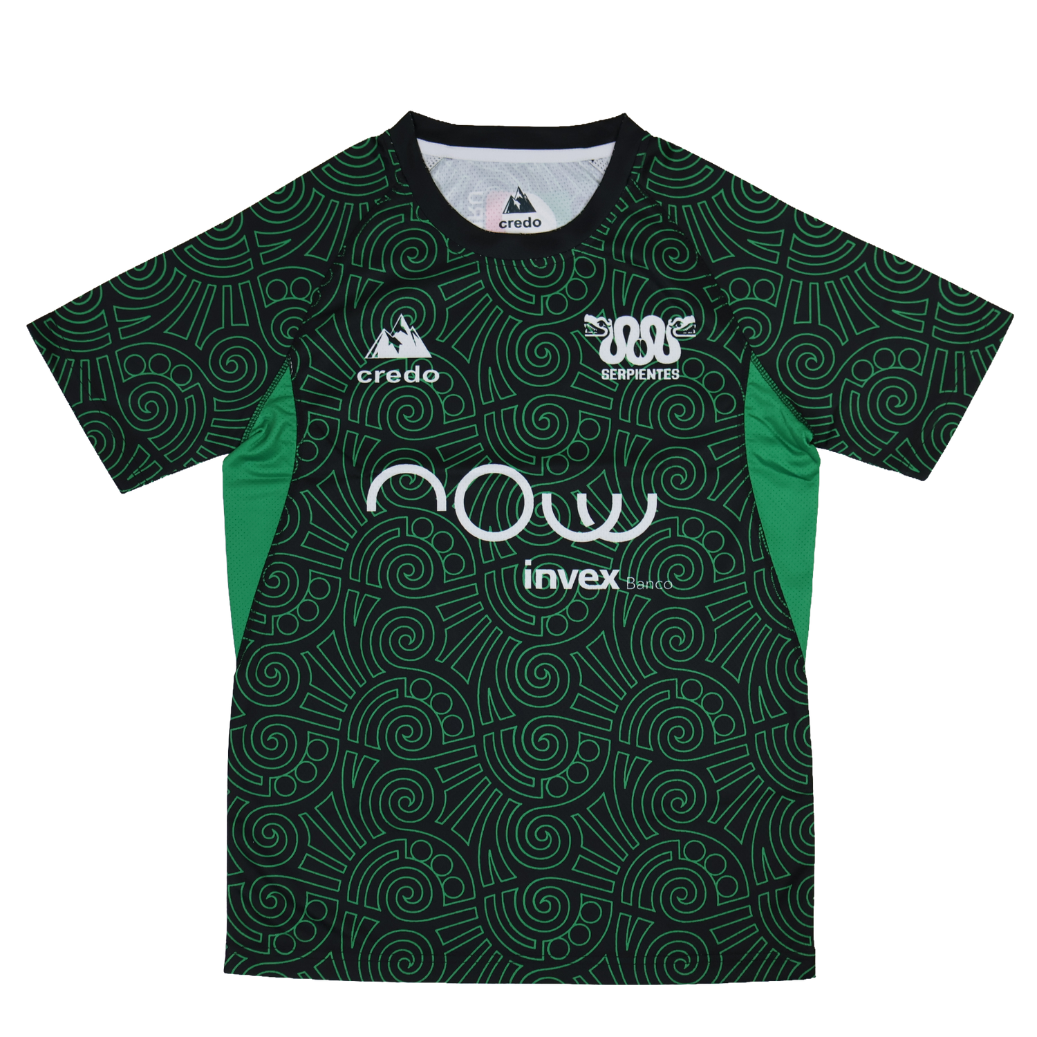 The Las Serpientes Mexico Rugby Training Jersey by Credo Rugby features green short sleeves, black geometric patterns, green side panels, and multiple white logos—including “Serpientes,” sponsors, and Credo Rugby branding—on the chest.