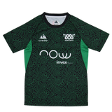 The Las Serpientes Mexico Rugby Training Jersey by Credo Rugby features green short sleeves, black geometric patterns, green side panels, and multiple white logos—including “Serpientes,” sponsors, and Credo Rugby branding—on the chest.