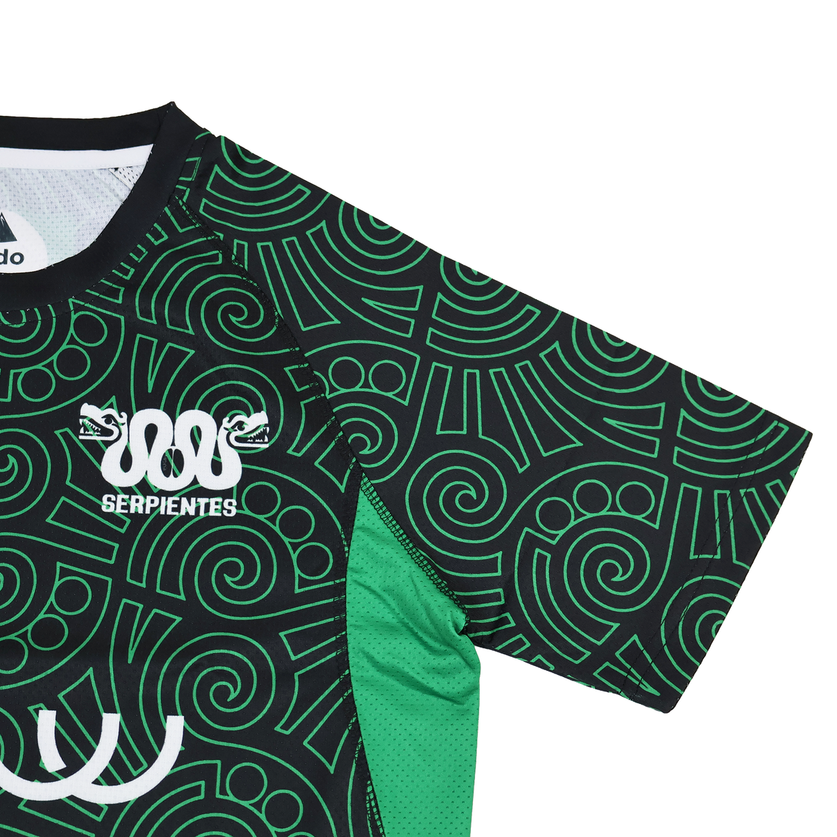 The Las Serpientes Mexico Rugby Training Jersey by Credo Rugby features green and black geometric swirl patterns, "SERPIENTES" text, and two snake graphics on the left chest—ideal for Credo Rugby fans.