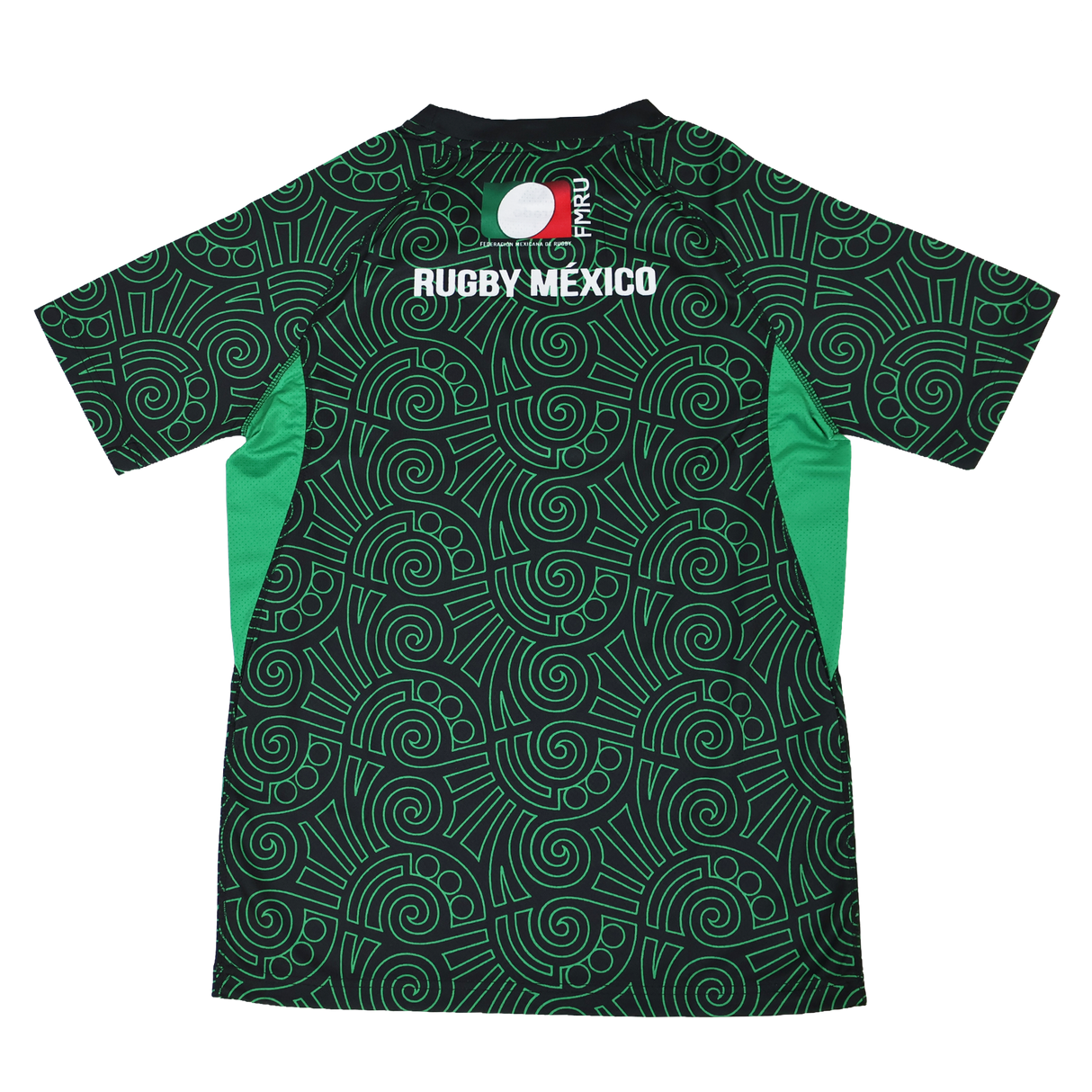 The Las Serpientes Mexico Rugby Training Jersey by Credo Rugby is a green and black jersey with geometric patterns, "RUGBY MEXICO" text, and a Credo Rugby logo on the back below the collar.