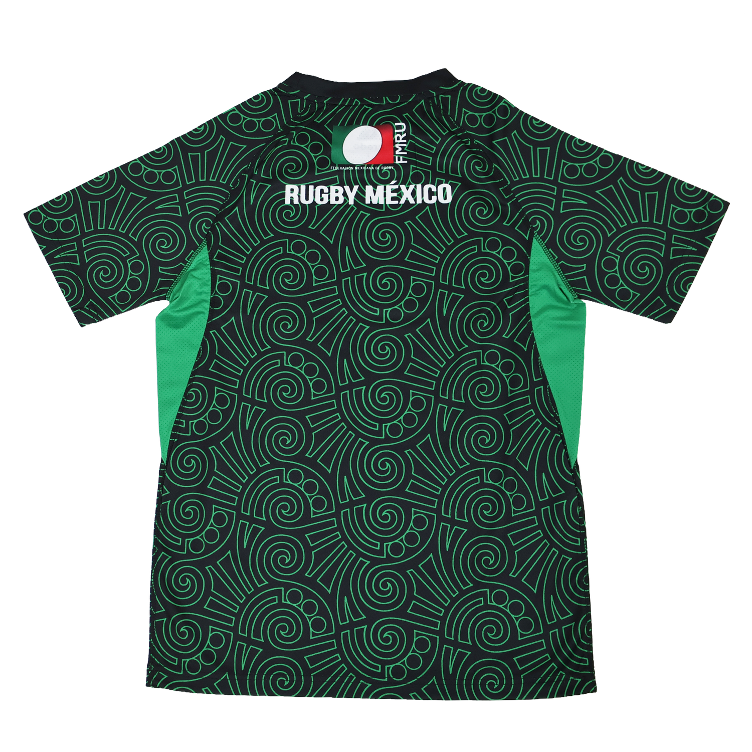 The Las Serpientes Mexico Rugby Training Jersey by Credo Rugby is a green and black jersey with geometric patterns, "RUGBY MEXICO" text, and a Credo Rugby logo on the back below the collar.