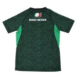 The Las Serpientes Mexico Rugby Training Jersey by Credo Rugby is a green and black jersey with geometric patterns, "RUGBY MEXICO" text, and a Credo Rugby logo on the back below the collar.
