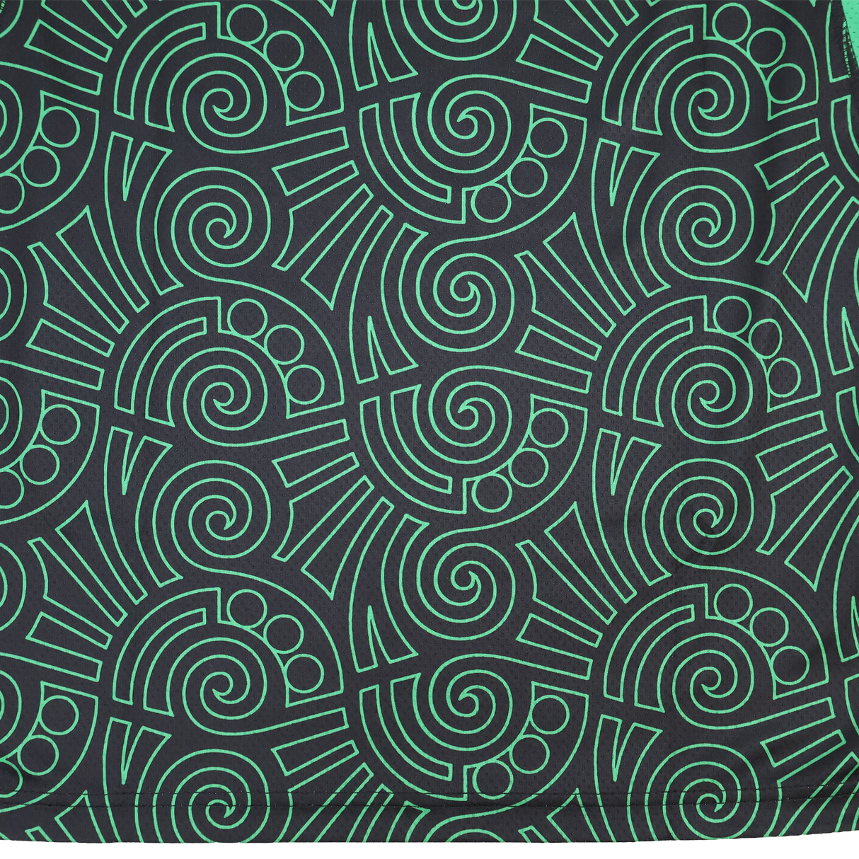 Featuring green geometric spirals and circular patterns on black, the Las Serpientes Mexico Rugby Training Jersey by Credo Rugby showcases bold semicircles, straight lines, and concentric shapes inspired by Mexican design.