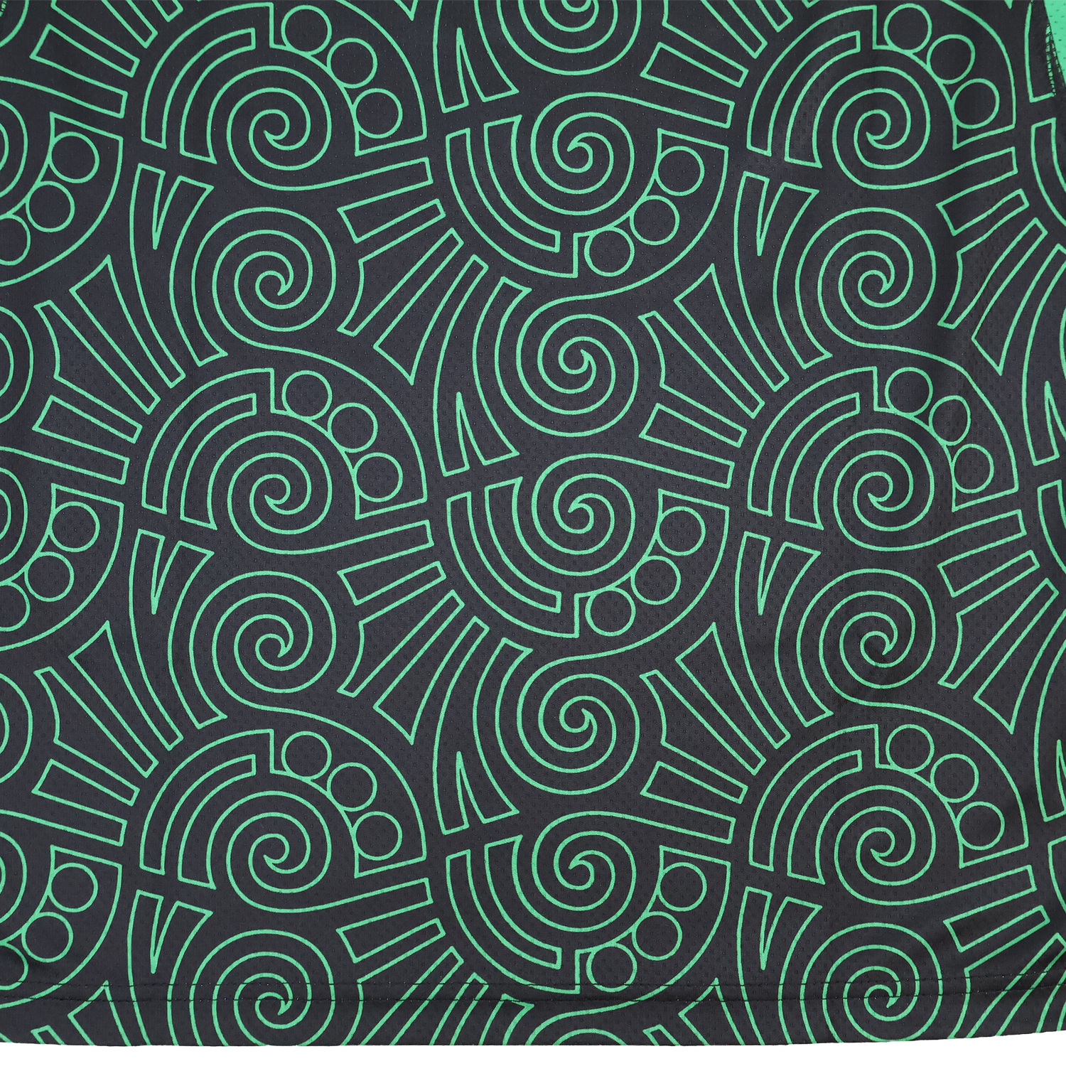 Featuring green geometric spirals and circular patterns on black, the Las Serpientes Mexico Rugby Training Jersey by Credo Rugby showcases bold semicircles, straight lines, and concentric shapes inspired by Mexican design.