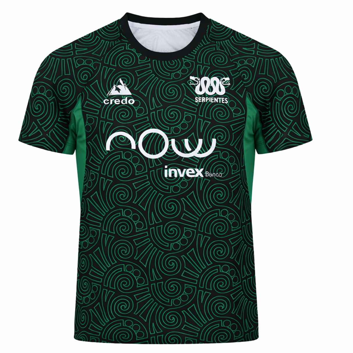 The Las Serpientes Mexico Rugby Training Jersey by Credo Rugby is a green and black short-sleeved jersey with abstract swirls, sponsor logos, and "Serpientes" plus a snake logo—ideal for fans of Credo Rugby.