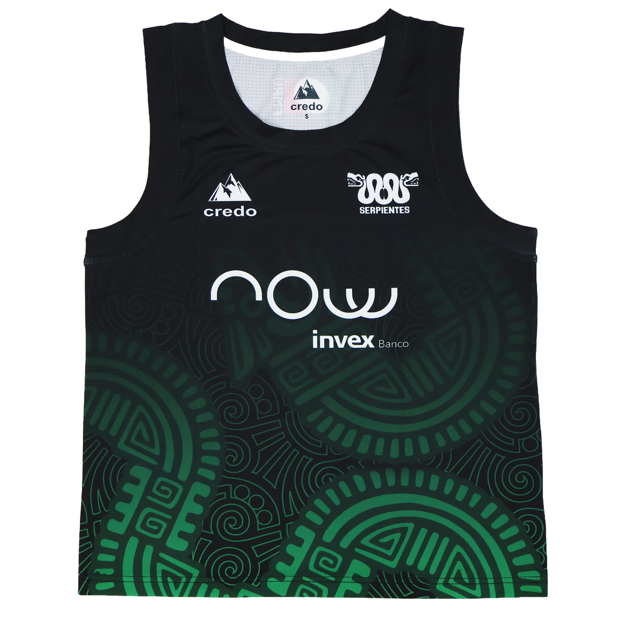 Show your support for Las Serpientes with this black and green Credo Rugby tank top, featuring Aztec-inspired patterns, sponsor logos, and "SERPIENTES" beneath a snake emblem—ideal for fans of Mexico rugby.
