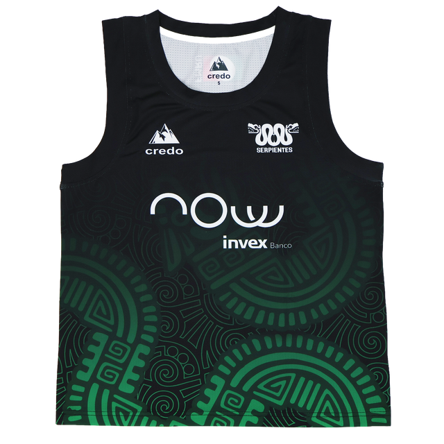 Show your support for Las Serpientes with this black and green Credo Rugby tank top, featuring Aztec-inspired patterns, sponsor logos, and "SERPIENTES" beneath a snake emblem—ideal for fans of Mexico rugby.