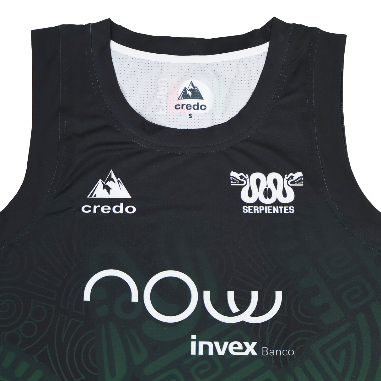 Las Serpientes Mexico Rugby Tank Top by Credo Rugby features a snake logo, "Serpientes" text, Invex Banco sponsor, and Aztec-inspired design—celebrating Mexico’s rugby spirit with bold style.