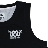 Close-up of the Las Serpientes Mexico Rugby Tank Top by Credo Rugby, black with a white two-snake-head logo and "SERPIENTES" printed below it on the left chest.