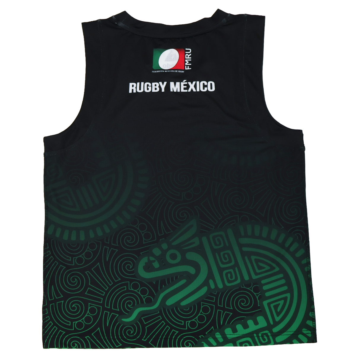 The Las Serpientes Mexico Rugby Tank Top by Credo Rugby features green Aztec-inspired patterns, "RUGBY MÉXICO" text, and the FMRU logo—ideal for fans of Credo Rugby and this bold sleeveless style.