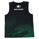 The Las Serpientes Mexico Rugby Tank Top by Credo Rugby features green Aztec-inspired patterns, "RUGBY MÉXICO" text, and the FMRU logo—ideal for fans of Credo Rugby and this bold sleeveless style.