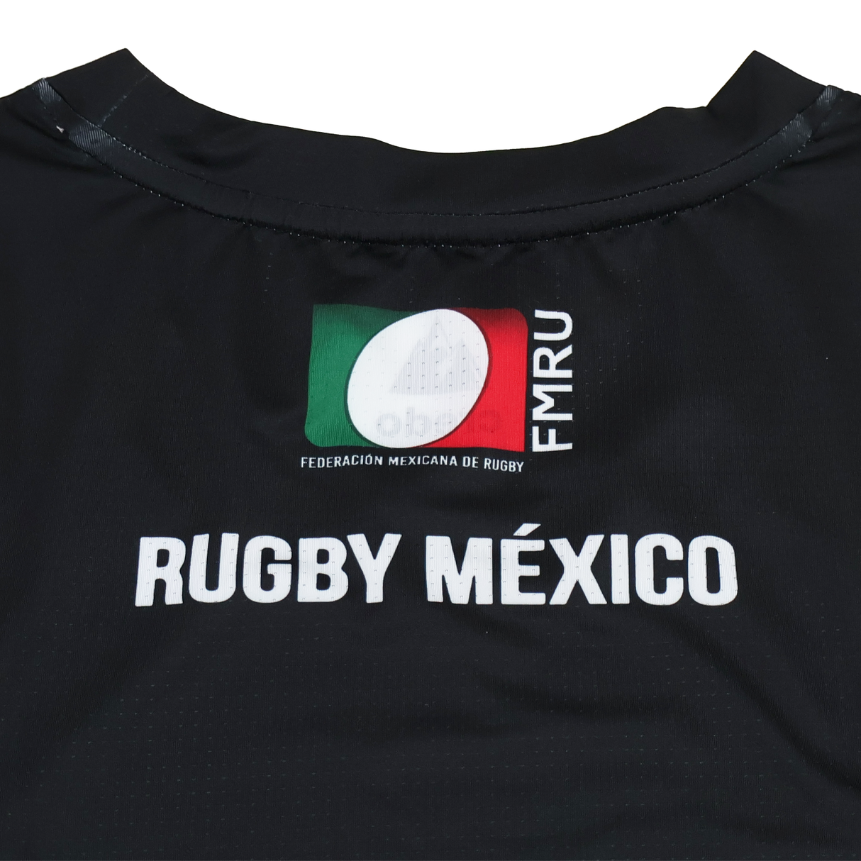 Close-up of a black Credo Rugby tank top with "Federación Mexicana de Rugby FMRU" and "RUGBY MÉXICO" on the back, like the Las Serpientes Mexico Rugby Tank Top by Credo Rugby.