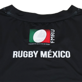 Close-up of a black Credo Rugby tank top with "Federación Mexicana de Rugby FMRU" and "RUGBY MÉXICO" on the back, like the Las Serpientes Mexico Rugby Tank Top by Credo Rugby.