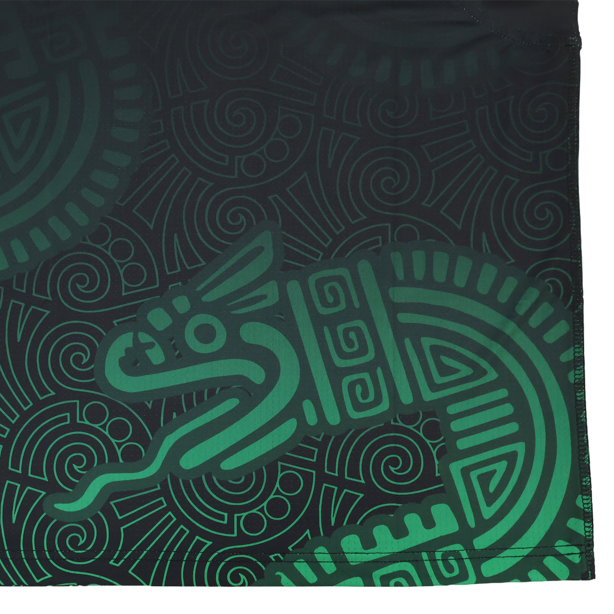 The Las Serpientes Mexico Rugby Tank Top by Credo Rugby features an Aztec-inspired green serpent on a black background with geometric and spiral patterns—ideal for passionate Credo Rugby fans.