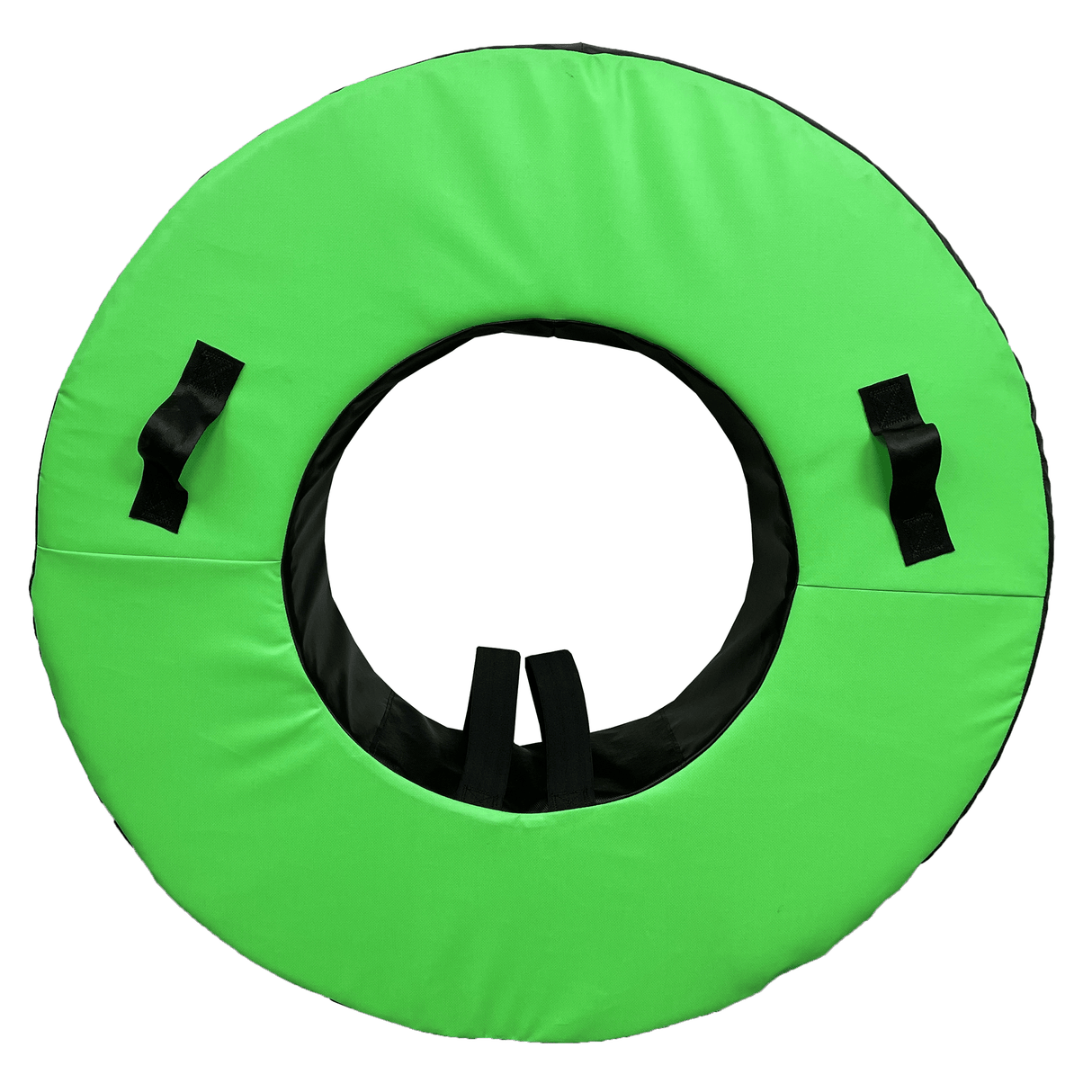 A bright green Gilbert 40" Green Rugby Tackle Ring circular padded ring from Hadar with black handles on each side and strap attachments at the bottom, perfect for intense training drills.
