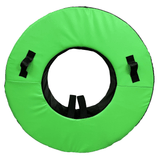 A bright green Gilbert 40" Green Rugby Tackle Ring circular padded ring from Hadar with black handles on each side and strap attachments at the bottom, perfect for intense training drills.