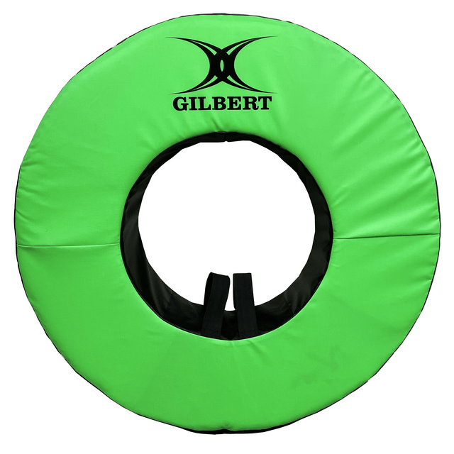 A Gilbert 40" Green Rugby Tackle Ring with the brand name "Hadar" printed on the top, perfect for practice drills.