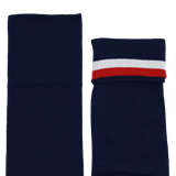 The USA Rugby 22/23 Home Socks by Castore feature a pair of navy blue socks: one with plain ribbing and the other folded down showing the white and red stripes-comfortable & stylish.