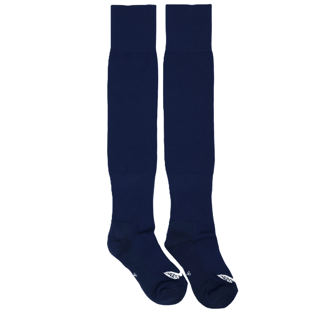 A pair of long, navy blue USA Rugby 23/24 Training Socks by Castore with white logos near the toes, displayed side by side on a plain white background. These Castore socks offer comfort and support for intense workouts.