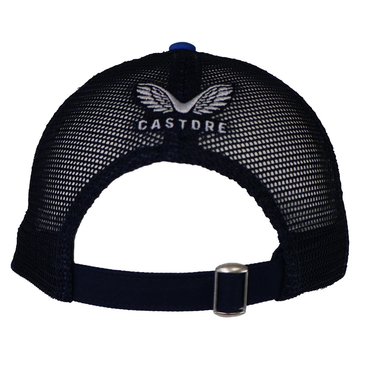 Back view of the Leinster Adjustable Cap 24/25 by Castore—a black mesh baseball cap with adjustable strap and "Castore" logo above the opening, ideal for any Leinster Rugby supporter.