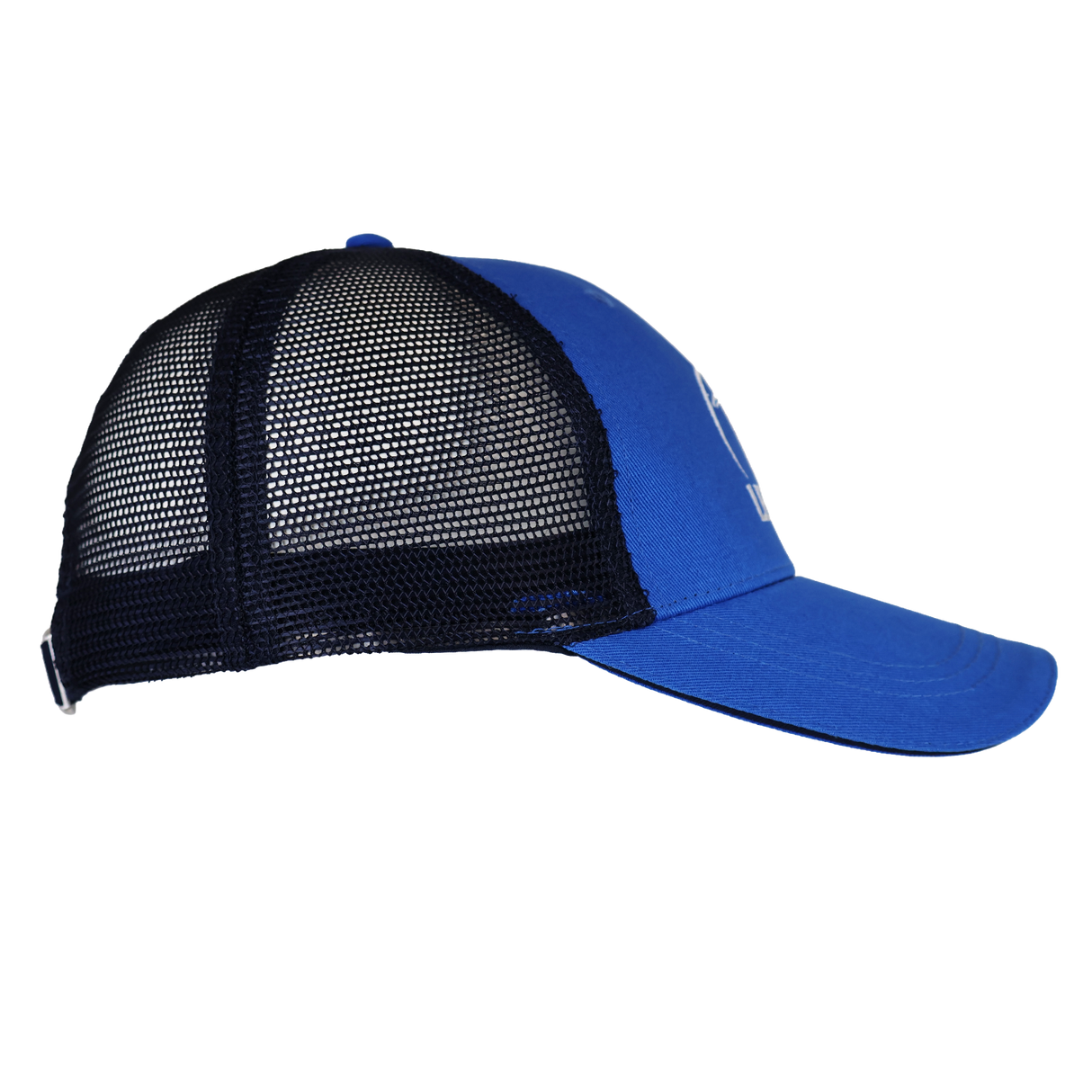 The Leinster Adjustable Cap 24/25 by Castore features a blue front, black mesh back, and curved brim, shown from the side on a white background.