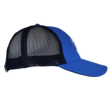 The Leinster Adjustable Cap 24/25 by Castore features a blue front, black mesh back, and curved brim, shown from the side on a white background.