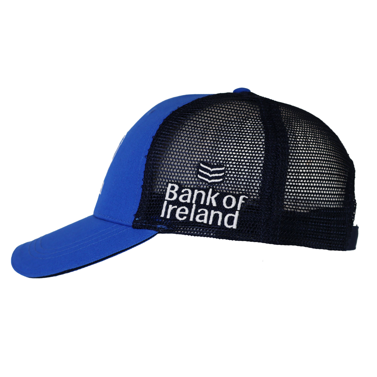 Leinster Adjustable Cap 24/25 by Castore in blue and black mesh, with "Bank of Ireland" and logo embroidered in white on the side—a must-have for Leinster Rugby fans.