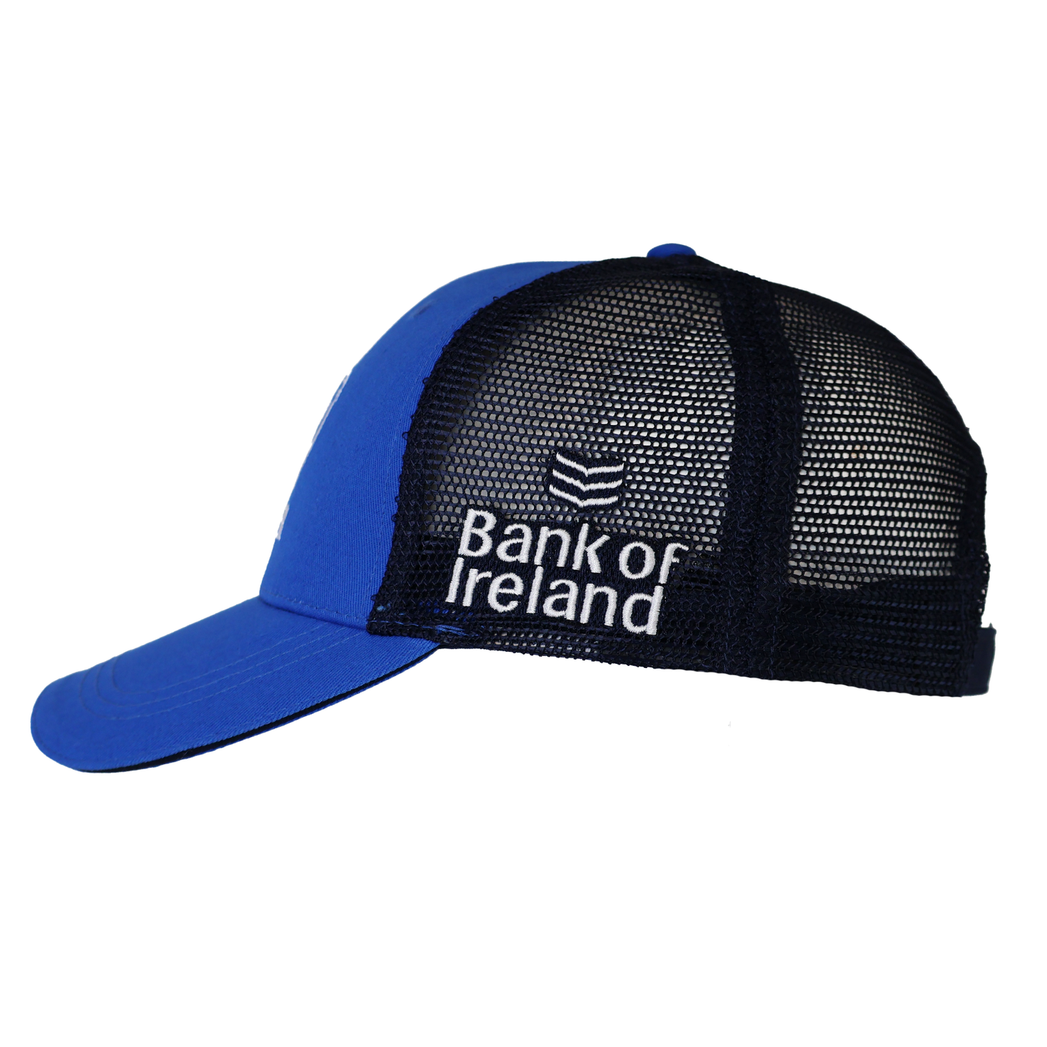 Leinster Adjustable Cap 24/25 by Castore in blue and black mesh, with "Bank of Ireland" and logo embroidered in white on the side—a must-have for Leinster Rugby fans.