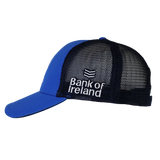 Leinster Adjustable Cap 24/25 by Castore in blue and black mesh, with "Bank of Ireland" and logo embroidered in white on the side—a must-have for Leinster Rugby fans.