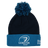 The Leinster Bobble Beanie 24/25 by Castore is a navy and blue hat with a pom-pom, embroidered crest, and text on the folded brim—an official accessory for true fans.