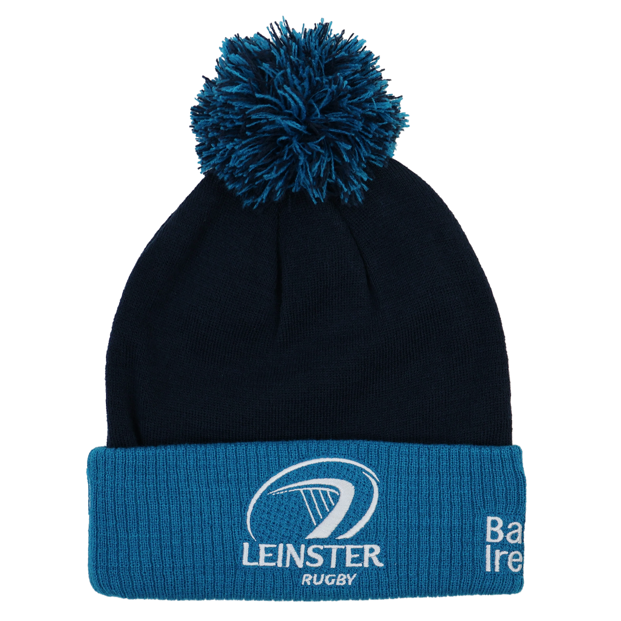 The Leinster Bobble Beanie 24/25 by Castore is a navy and blue hat with a pom-pom, embroidered crest, and text on the folded brim—an official accessory for true fans.