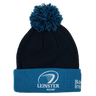 The Leinster Bobble Beanie 24/25 by Castore is a navy and blue hat with a pom-pom, embroidered crest, and text on the folded brim—an official accessory for true fans.