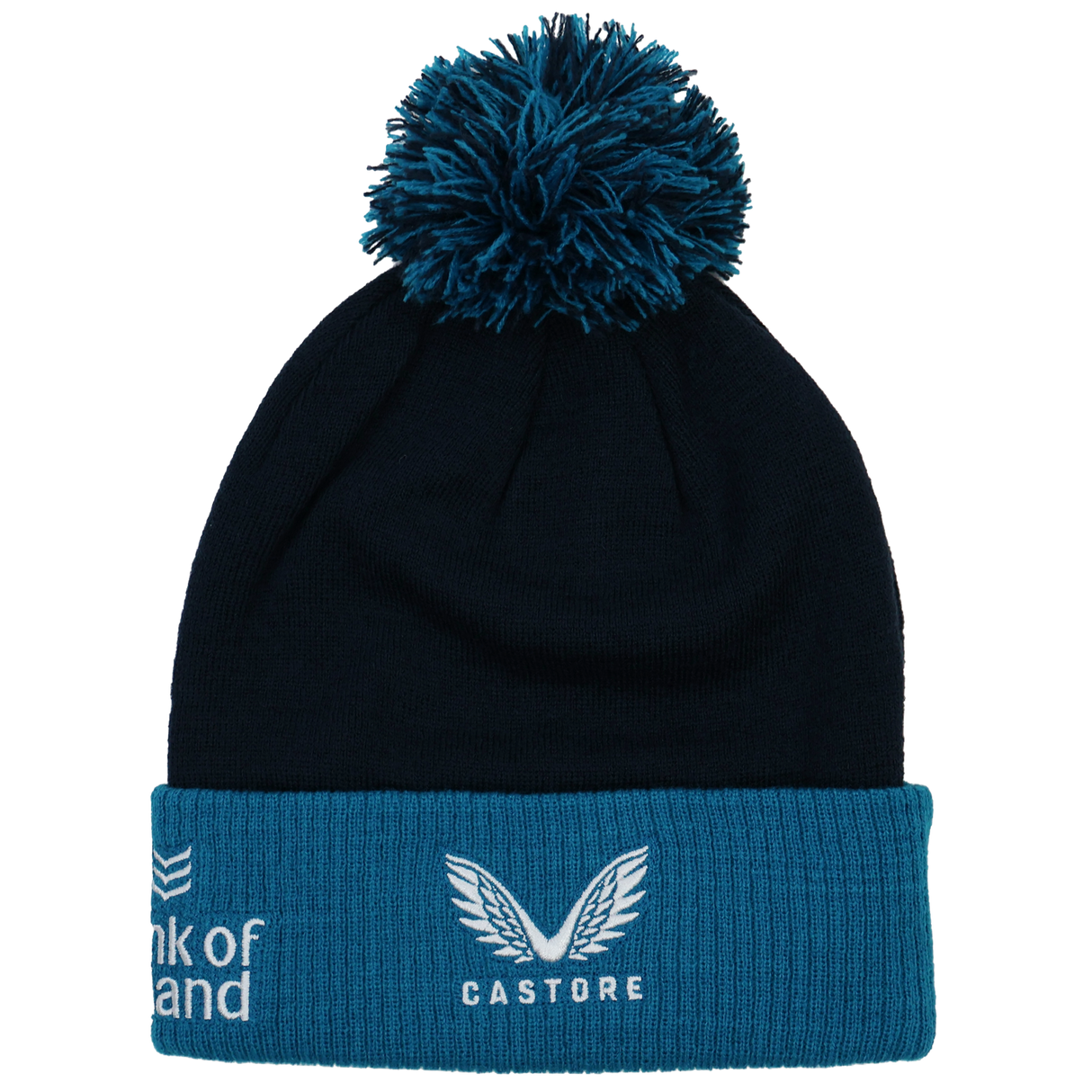 The Leinster Bobble Beanie 24/25 by Castore is a navy blue hat with a teal cuff and pom-pom, featuring the embroidered crest and white Castore logo on the cuff.