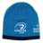 The Leinster 24/25 Beanie by Castore is a blue hat featuring the rugby team's logo, a detail from the Bank of Ireland logo, and a black bottom band—an ideal accessory for Leinster rugby fans.