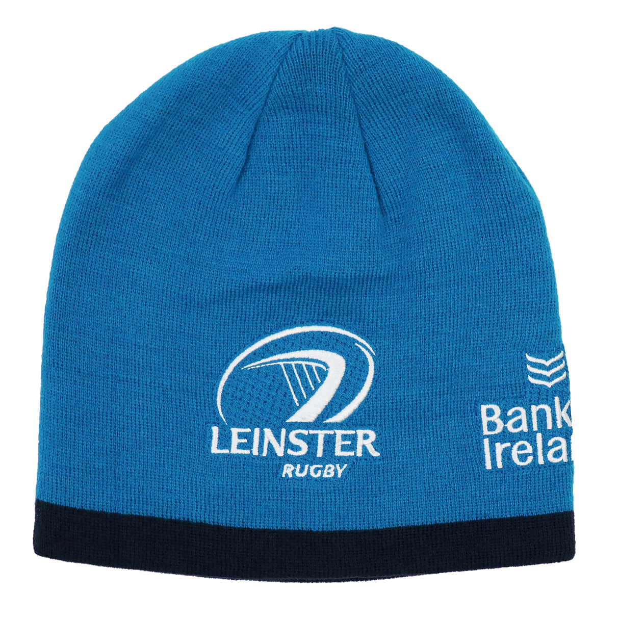 The Leinster 24/25 Beanie by Castore is a blue hat featuring the rugby team's logo, a detail from the Bank of Ireland logo, and a black bottom band—an ideal accessory for Leinster rugby fans.