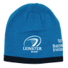 The Leinster 24/25 Beanie by Castore is a blue hat featuring the rugby team's logo, a detail from the Bank of Ireland logo, and a black bottom band—an ideal accessory for Leinster rugby fans.