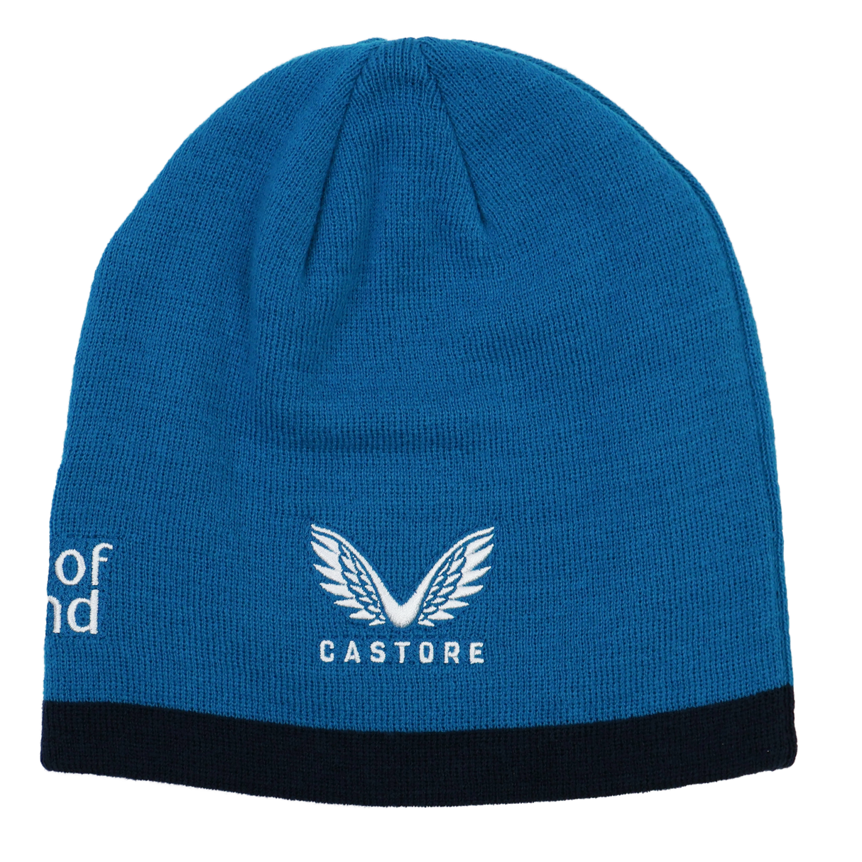 The Leinster 24/25 Beanie by Castore is a blue beanie with a black trim, featuring the Castore logo and text embroidered in white on the front.