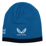 The Leinster 24/25 Beanie by Castore is a blue beanie with a black trim, featuring the Castore logo and text embroidered in white on the front.