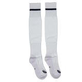 The USA Rugby 24/25 Away Socks by Castore are long, white rugby socks featuring a single dark stripe near the top, shown laid flat on a white background.