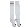 The USA Rugby 24/25 Away Socks by Castore are long, white rugby socks featuring a single dark stripe near the top, shown laid flat on a white background.