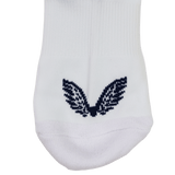 Close-up of the USA Rugby 24/25 Away Socks by Castore, featuring a white design with a dark blue embroidered wing detail on the lower part.