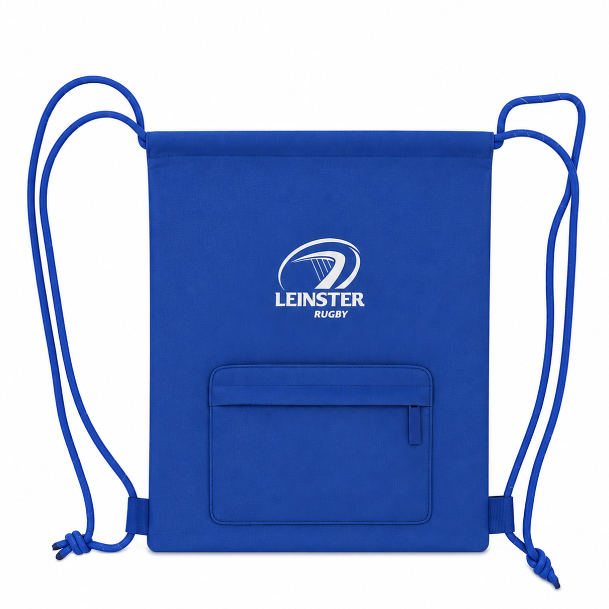 The Leinster Drawstring Bag 24/25 by Castore is a blue gym bag with a front zip pocket and the iconic white logo, combining durability and style.