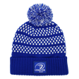 The Leinster Knitted Bobble Hat 24/25 by Castore is a blue and white beanie with a pom-pom and features a "Leinster Rugby" logo patch on the folded brim.