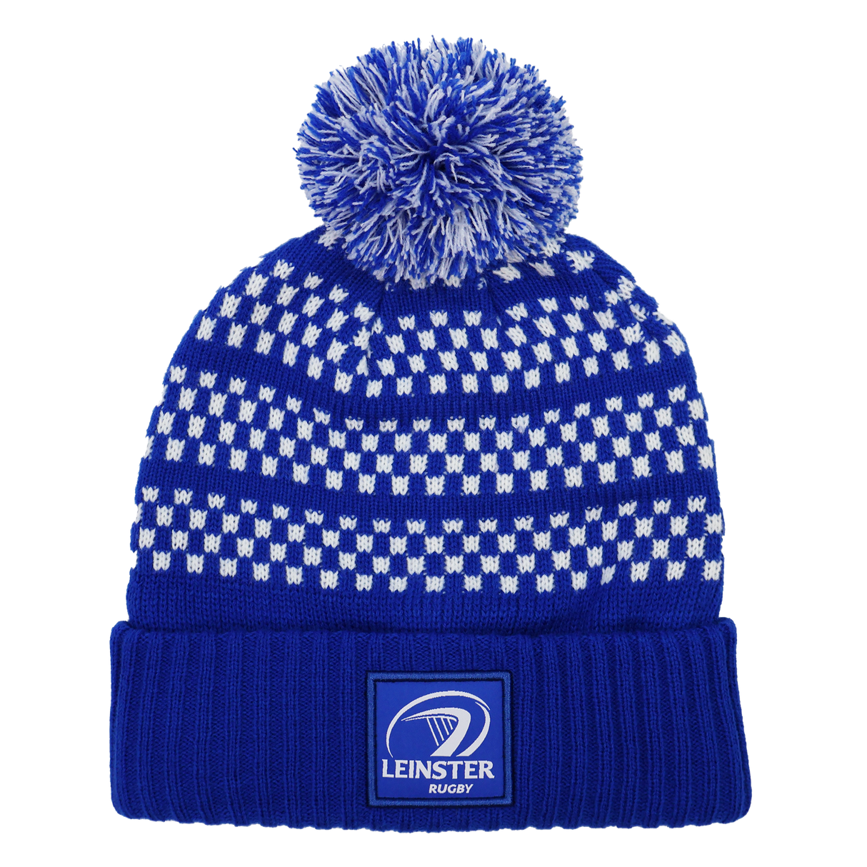 The Leinster Knitted Bobble Hat 24/25 by Castore is a blue and white beanie with a pom-pom and features a "Leinster Rugby" logo patch on the folded brim.