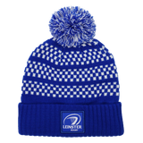 The Leinster Knitted Bobble Hat 24/25 by Castore is a blue and white beanie with a pom-pom and features a "Leinster Rugby" logo patch on the folded brim.